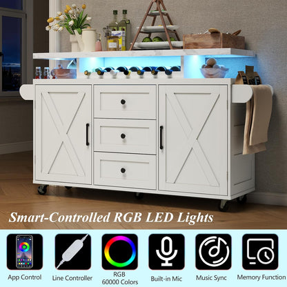 Rolling Kitchen Island Cart with Storage, Kitchen Island on Wheels with LED Lights & 3 Drawers, Side Table with Spice Rack & Towel Rack, Large Mobile Islands Table for Dining Room, White