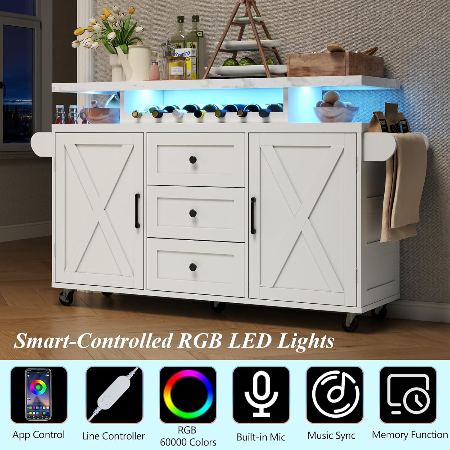 Kitchen Island with Storage, 55" Kitchen Island on Wheels with LED Lights & 3 Drawers,Rolling Kitchen Cart with Spice Rack & Towel Rack, Large Mobile Islands Table for Kitchen, White