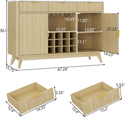 Wine Bar Cabinet with 3 Drawers，Home Liquor Cabinets with Wine and Glasss Rack, Fluted Coffee Bar Cabinet with Adjustable Shelves, Buffet Sideboard for Kitchen,Living Room, Dining Room, Entryway