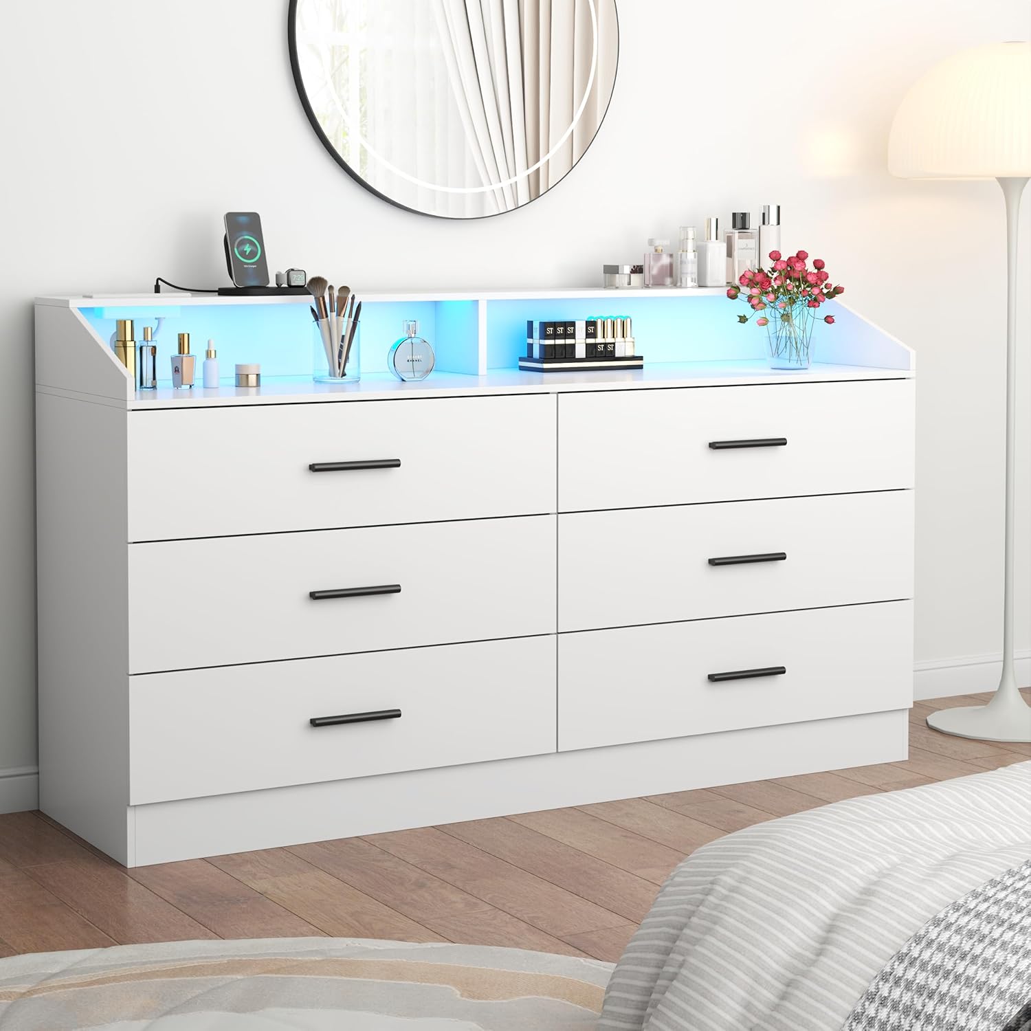 6 Drawer Dresser with Power Outlet, Chest of Drawers with LED Light, Modern Dresser with Open Storage Cubby, Double Wide Dressers Organizer for Bedroom, Living Room, Entryway, Hallway