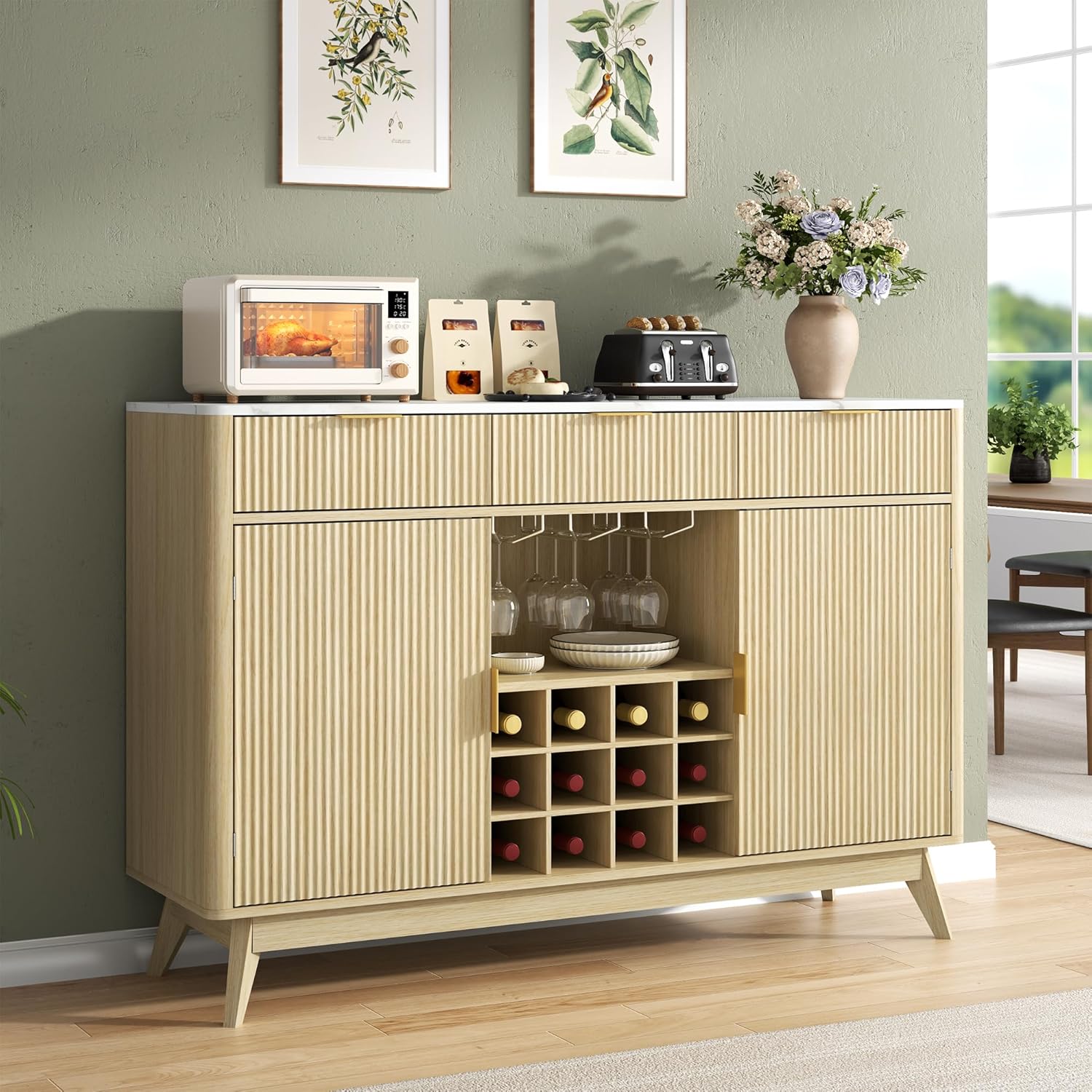 Wine Bar Cabinet with 3 Drawers，Home Liquor Cabinets with Wine and Glasss Rack, Fluted Coffee Bar Cabinet with Adjustable Shelves, Buffet Sideboard for Kitchen,Living Room, Dining Room, Entryway