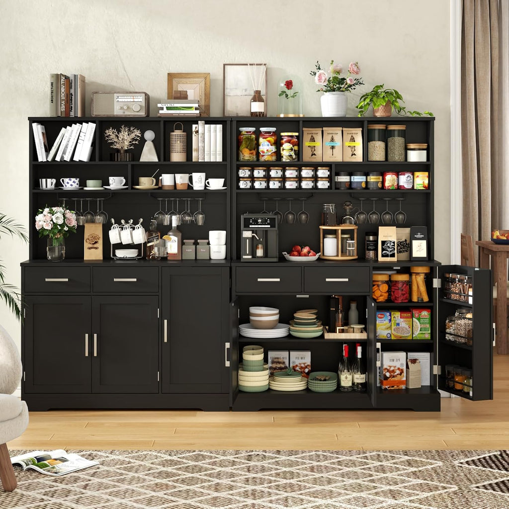 Tall Pantry Cabinet with Darwers, Modern Kitchen Hutch with Microwave Stand