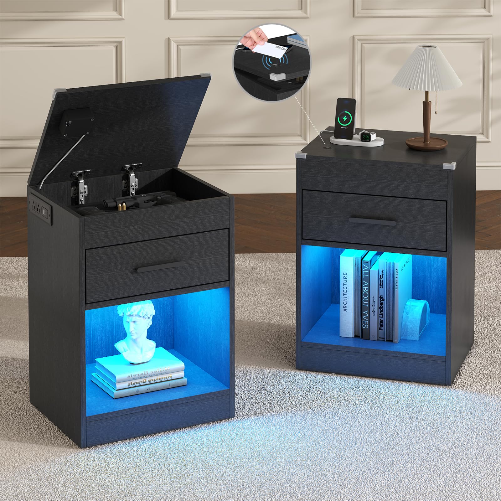 White Nightstand Set of 2 with Charging Station & RFID Lock Cabinet, Hidden Night Stand with LED Lights, Modern Bedside Table with Drawer & Valuables Storage, Secret Concealment Nightstand for Bedroom