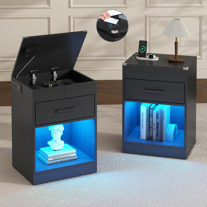 White Nightstand Set of 2 with Charging Station & RFID Lock Cabinet, Hidden Night Stand with LED Lights, Modern Bedside Table with Drawer & Valuables Storage, Secret Concealment Nightstand for Bedroom