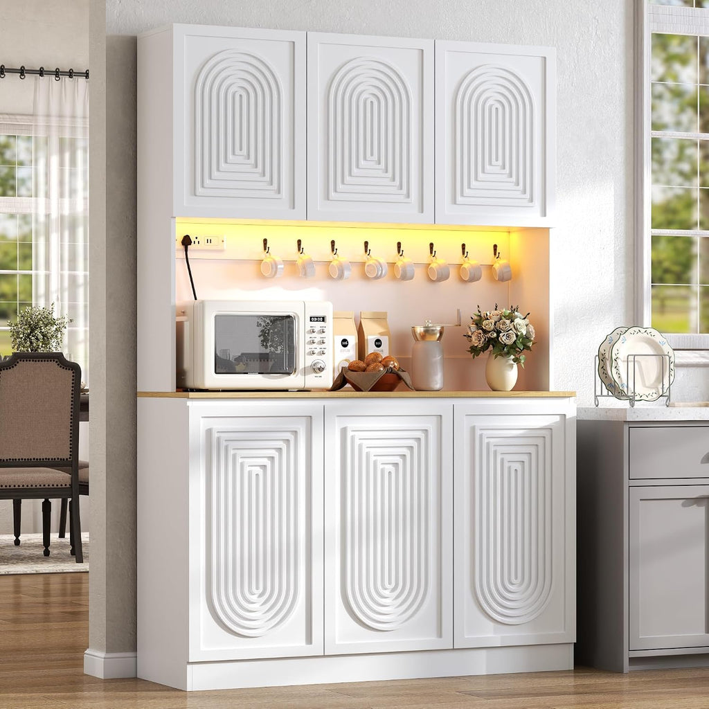 Gyfimoie 71" Kitchen Pantry with Power Outlet & LED Light, Large Kitchen Hutch Cabinet with Adjustable Shelf, Modern Buffet Cabinet with 6 Doors, Food Pantry Storage for Dining Room (White-6 Doors)