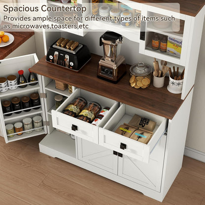 60" Tall Farmhouse Kitchen Pantry Storage Cabinet,Kitchen Hutch with Microwave Stand,Freestanding Buffet Pantry Cabinet with Glass Door and Adjustable Shelves for Dining Room (White)