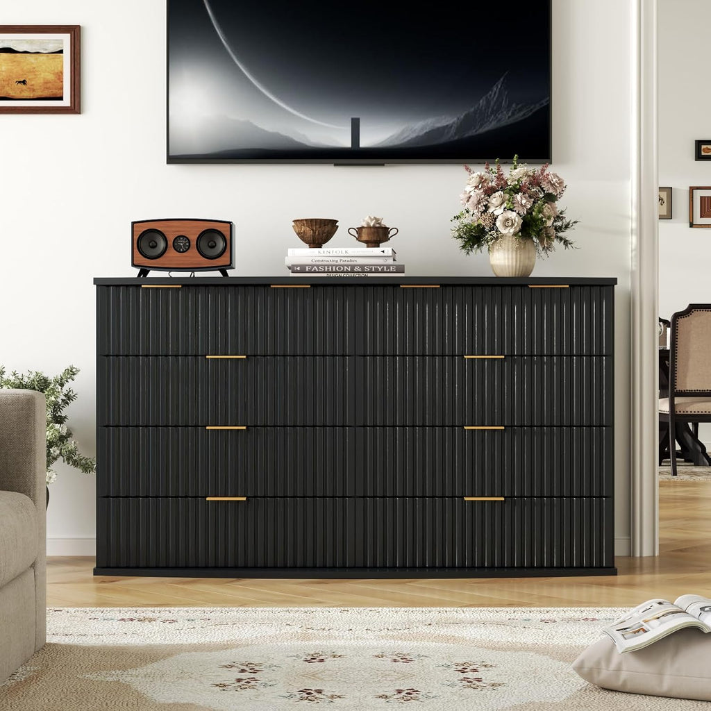 8 Drawer Dresser with Fluted Panel, 47.25" Wide Black Chest of Drawers with Power Outlet, Wooden Dresser Organizer with Sturdy Metal Handle, Modern Dresser TV Stand for Bedroom, Living Room, Entryway