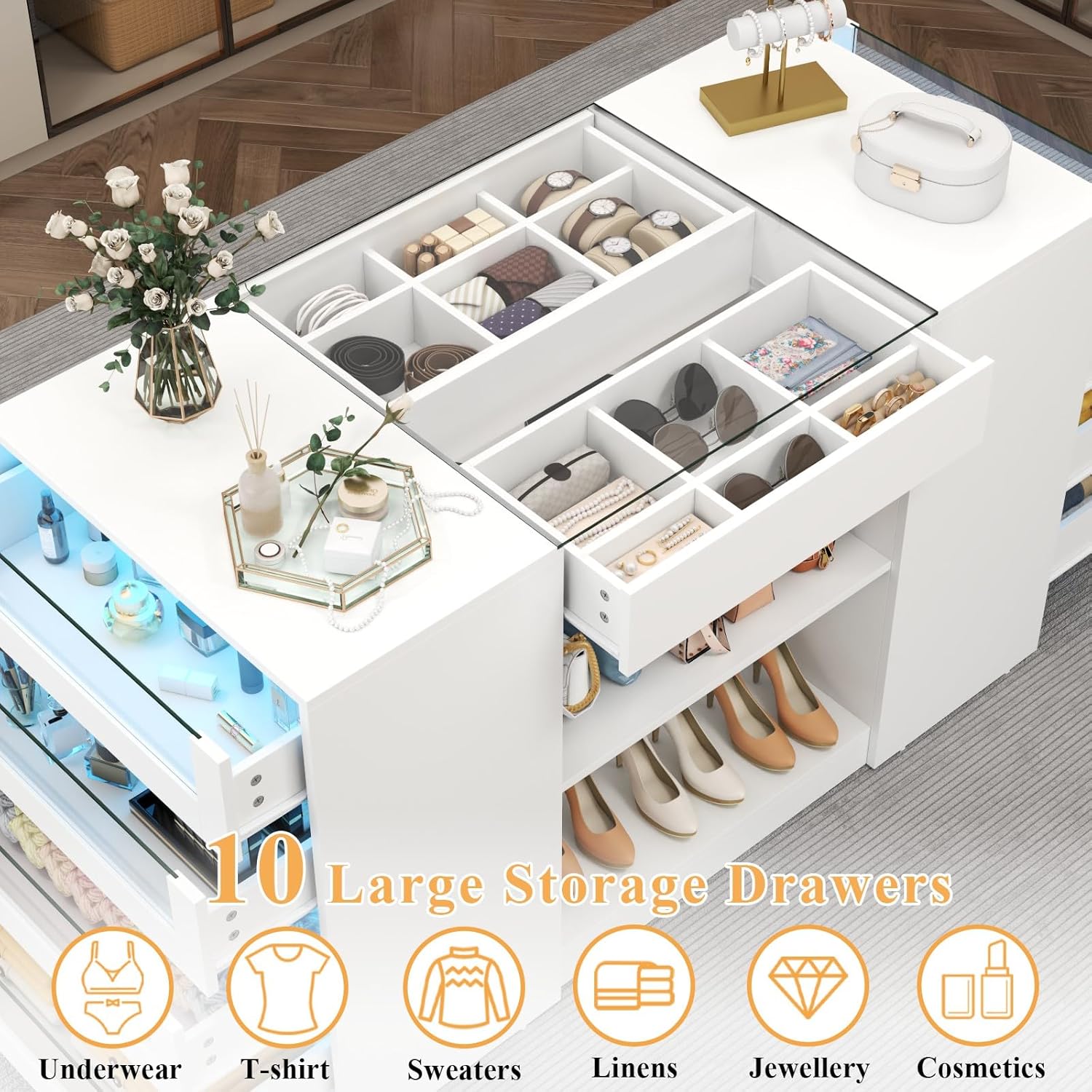 Closet Island with Drawers, Armoire Wardrobe Closet with LED Lights White Dresser Walk-in Closets with Glass Top for Bedroom & Cloakroom