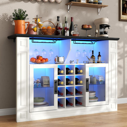 Wine Bar Cabinet with LED Light, Kitchen Coffee Bar Cabinet with Glass Rack and Removable Wine Racks, Liquor Cabinet with Glass Door, Home Bar with Storage for Dining Room, Living Room