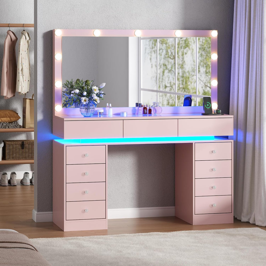 47" Vanity Desk with Mirror and Lights, Pink Makeup Table with Glass Top
