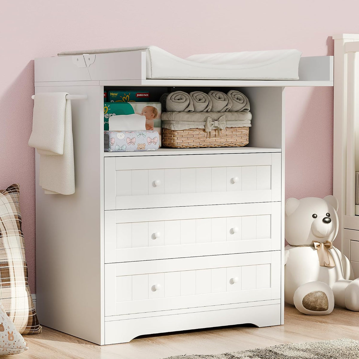 Baby Changing Table with Foldable Tabletop,White Baby Dresser with 3 Drawer