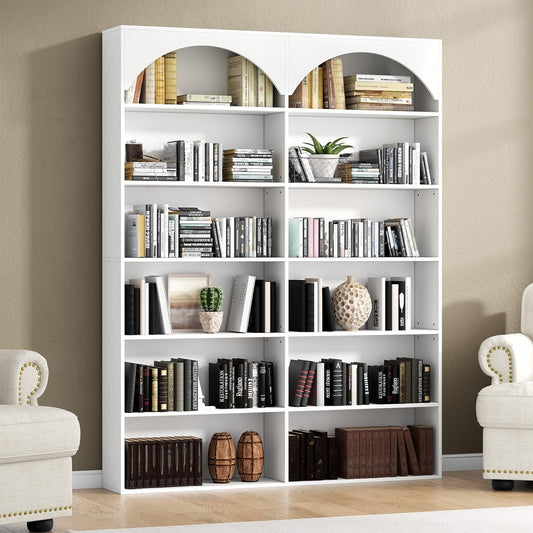 70.8’’ Tall Bookshelf and Bookcase of 2 pcs, 7-Tier Double Wide Bookcase Modern Large Open Display Shelves with Curved Baffle for Home Office Living Room (White-2pcs)