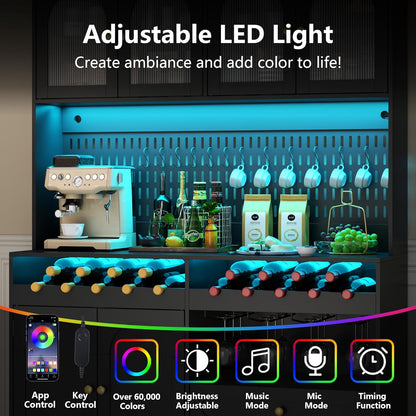 71'' Tall Kitchen Pantry Storage Cabinet, Large Black Pantry Cabinet with Wine & Glass Rack, 47'' Extra Wide LED Pantries with DIY Pegboard & Drawers & Doors, Modern Kitchen Hutch with Countertop