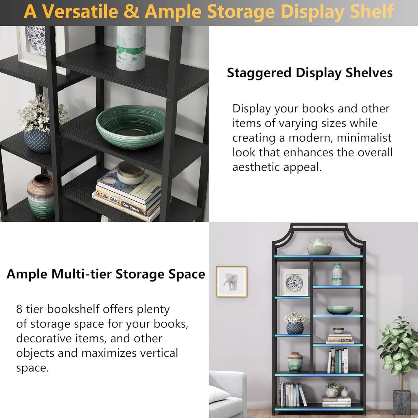 8-Tier Open Shelf Bookcase, 70.87"H x 31.5"L Lux Etagere Bookshelf, Modern Display Shelf with Black Metal Frame & Shelves,Tall Storage Display for Bedroom, Home Office & Living Room (Black)