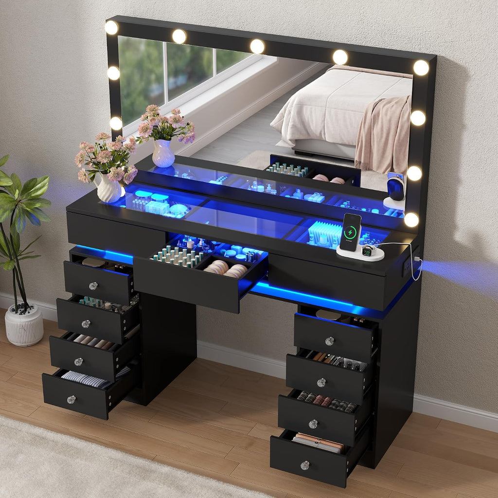47" Vanity Desk with Lighted Mirror, Black Makeup Table with Glass Top