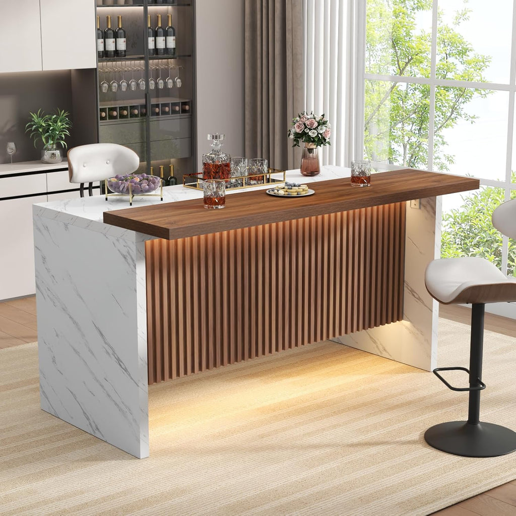 63" Large Imitation Marble Bar Table,Island Table with LED Lights,Mordern Marble Stripes Freestanding Mini Bar with Grille design,Home Bar Unit for Home Kitchen, Living Room, Balcony, Basement (White)