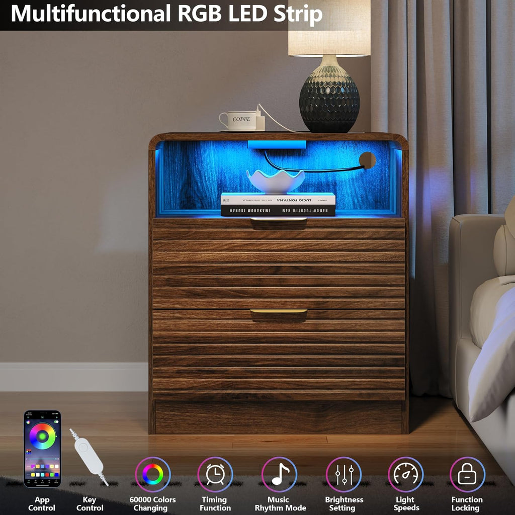 Fluted Nightstand with Charging Station & LED Lights, 2-Drawer White Bedside Table with Open Shelf