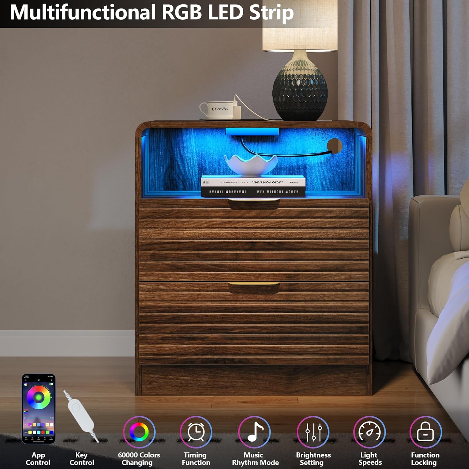Fluted Nightstand with Charging Station & LED Lights, 2-Drawer White Bedside Table with Open Shelf