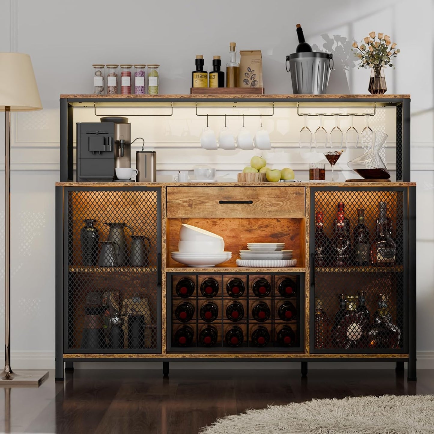 Wine Cabinet with Drawer, LED 55 Inches Industry Coffee Bar Cabinet with Wine Rack and Glass Goblet Holder, Kitchen Sideboard Buffet Cabinet for Liquor and Goblet (Rustic)