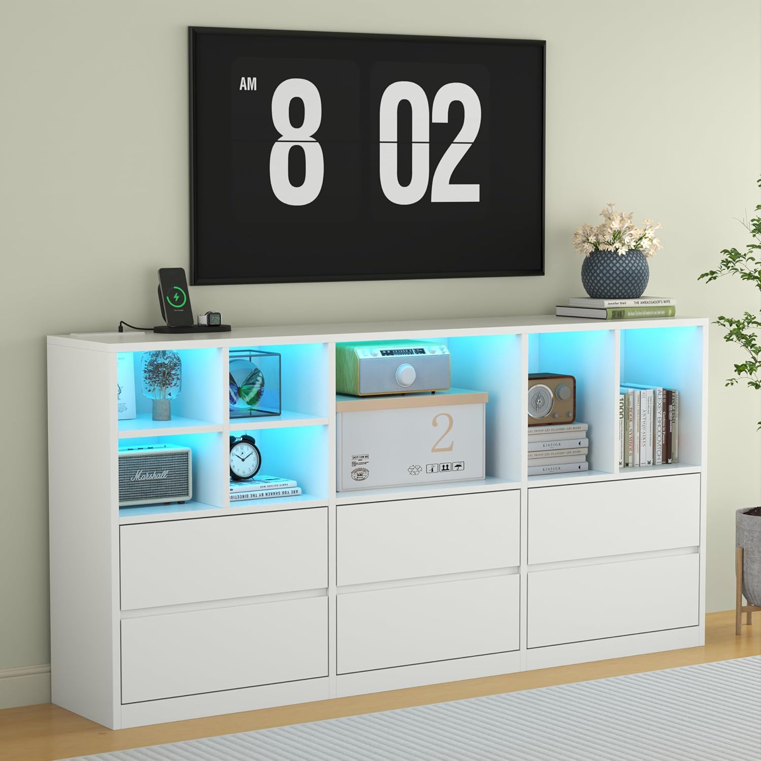 6 Drawers Dresser with 7 Storage Cubbies, LED Chest of Drawers with Power Outlet, 63" Triple Wide Long Dresser Organizer for Bedroom, Modern TV Stand with Open Shelf for Living Room, Entryway (White)