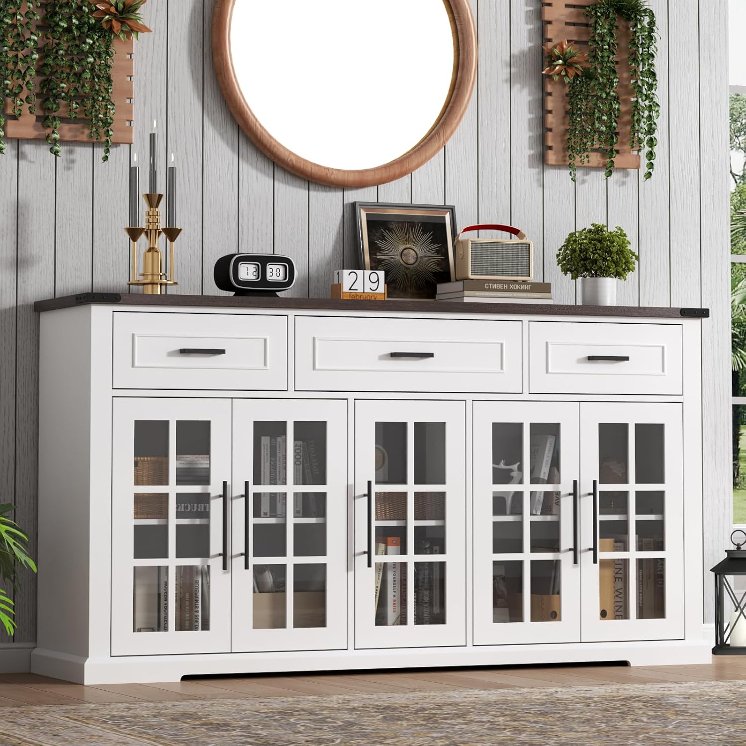 63" Sideboard Buffet Cabinet with Glass Doors, Farmhouse Large Buffet Table with 3 Storage Drawers, Modern Coffee Bar Wine Bar Cabinet with Adjustable Shelves for Kitchen, Dining Room, White