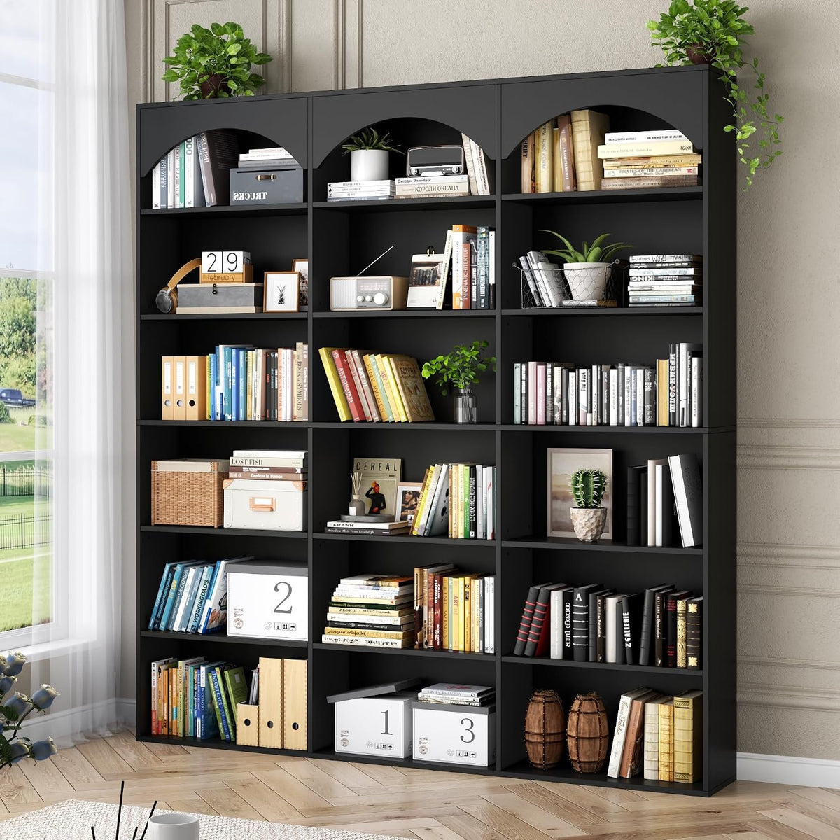 Gyfimoie 71’’ Triple Wide Bookshelf and Bookcase, 7-Tier Tall Arched Bookcase Modern Large Open Display Shelves with Curved Baffle for Home Office Living Room (Black, 71‘’H x 59''W x 9.25''D)