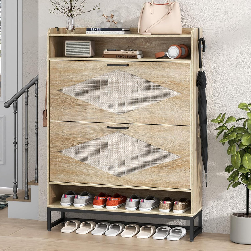 Shoe Cabinet with 2 Flip Drawers, Free Standing Shoe Storage Organizer Cabinet with Rattan Doors for Entryway, Narrow Shoe Rack Cabinet (Natural)