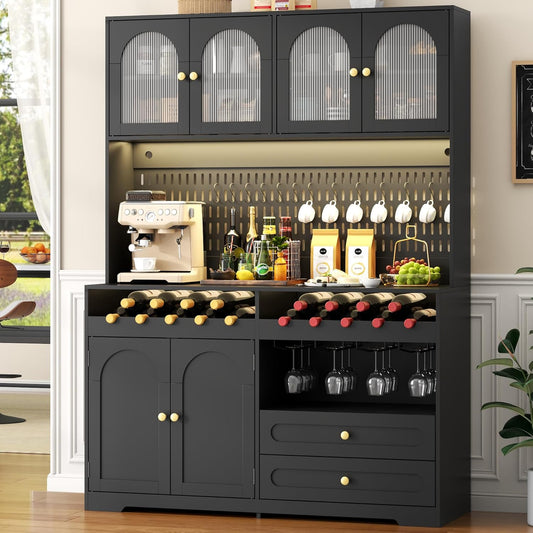71'' Tall Kitchen Pantry Storage Cabinet, Large Black Pantry Cabinet with Wine & Glass Rack, 47'' Extra Wide LED Pantries with DIY Pegboard & Drawers & Doors, Modern Kitchen Hutch with Countertop