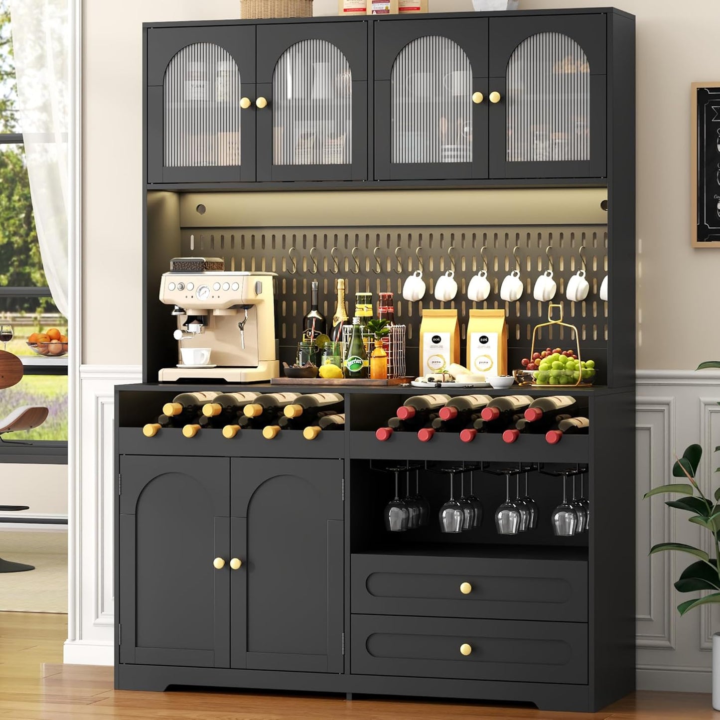 71'' Tall Kitchen Pantry Storage Cabinet, Large Black Pantry Cabinet with Wine & Glass Rack, 47'' Extra Wide LED Pantries with DIY Pegboard & Drawers & Doors, Modern Kitchen Hutch with Countertop