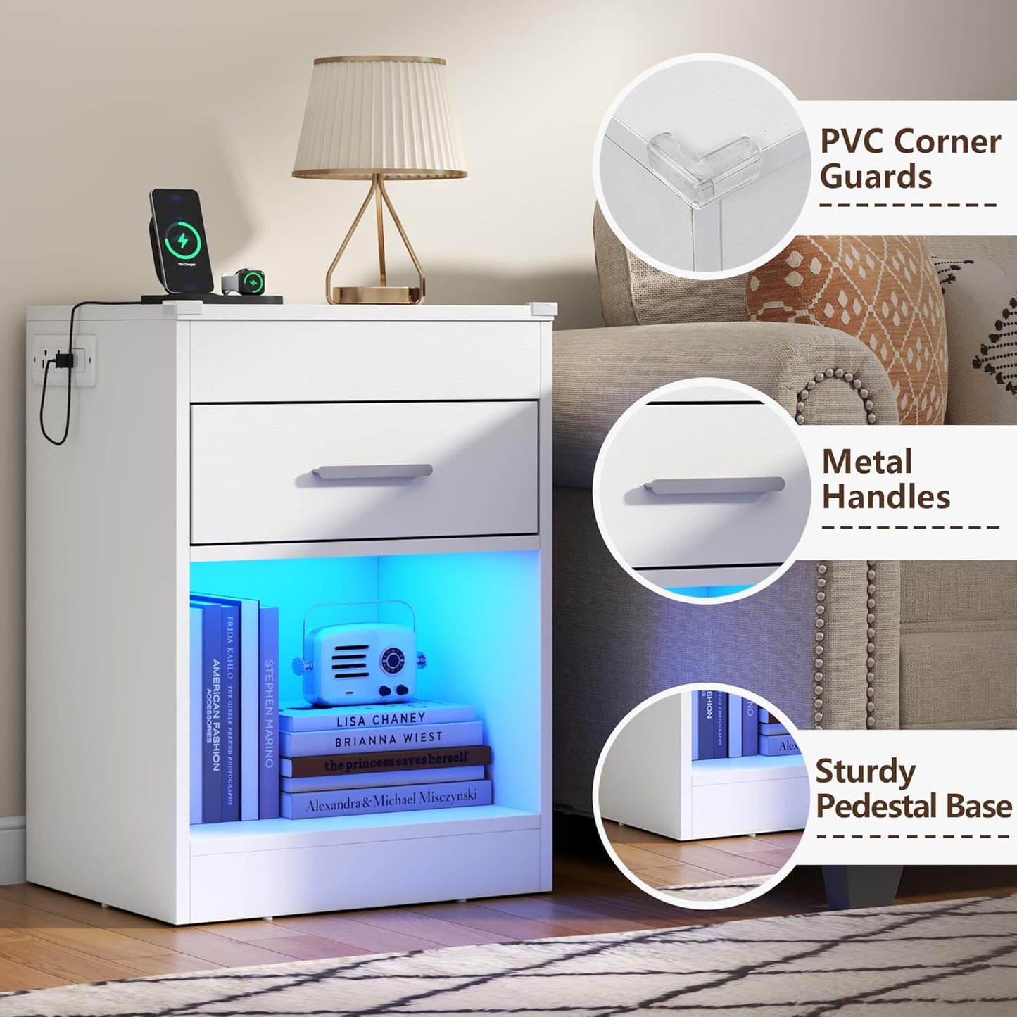 White Nightstand Set of 2 with Charging Station & RFID Lock Cabinet, Hidden Night Stand with LED Lights, Modern Bedside Table with Drawer & Valuables Storage, Secret Concealment Nightstand for Bedroom