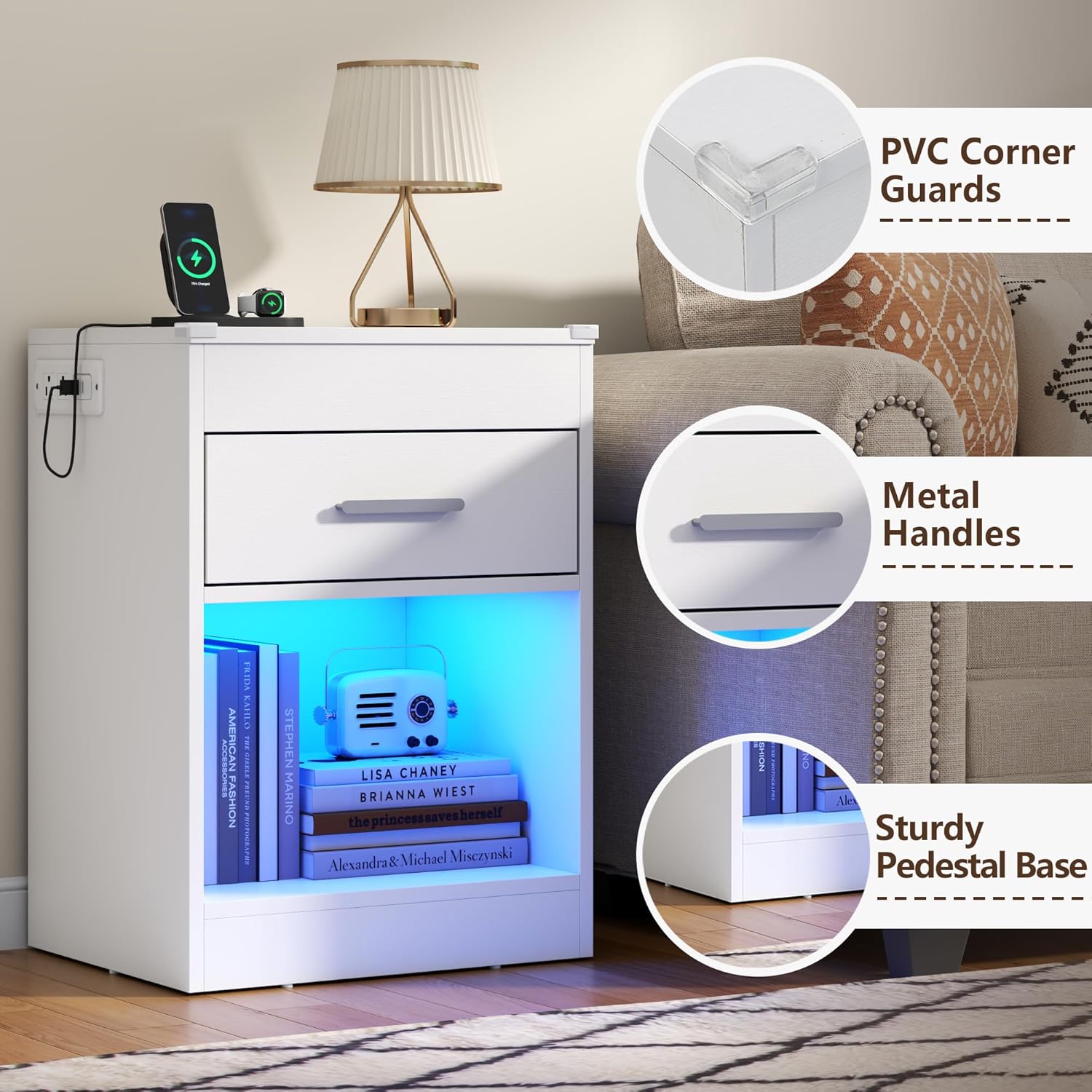 White Nightstand Set of 2 with Charging Station & RFID Lock Cabinet, Hidden Night Stand with LED Lights, Modern Bedside Table with Drawer & Valuables Storage, Secret Concealment Nightstand for Bedroom