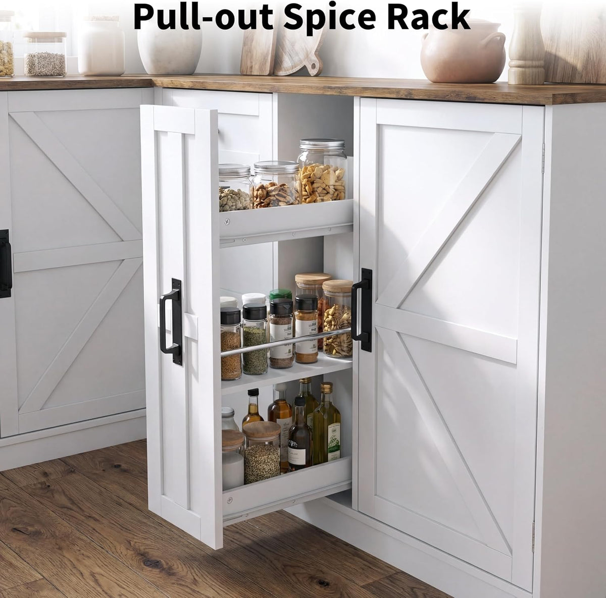 Corner Cabinet with Countertop, Kitchen Pantry Cabinet with Hidden Trash Storage Cabinet & 3-Tier Spice Rack, Farmhouse L-Shaped Sideboard with Doors & Adjustable Shelf for Dining Room, White