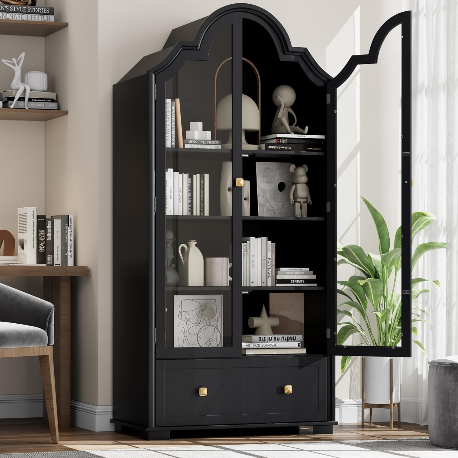 71" Tall Arched Cabinets, Bookcase with Storage, Mid-Century Modern 4-Tier Bookshelf with Glass Door, Display Cabinet with Large Drawer & Adjustable Shelf, Curved Pantry Cabinet, Black (Black)