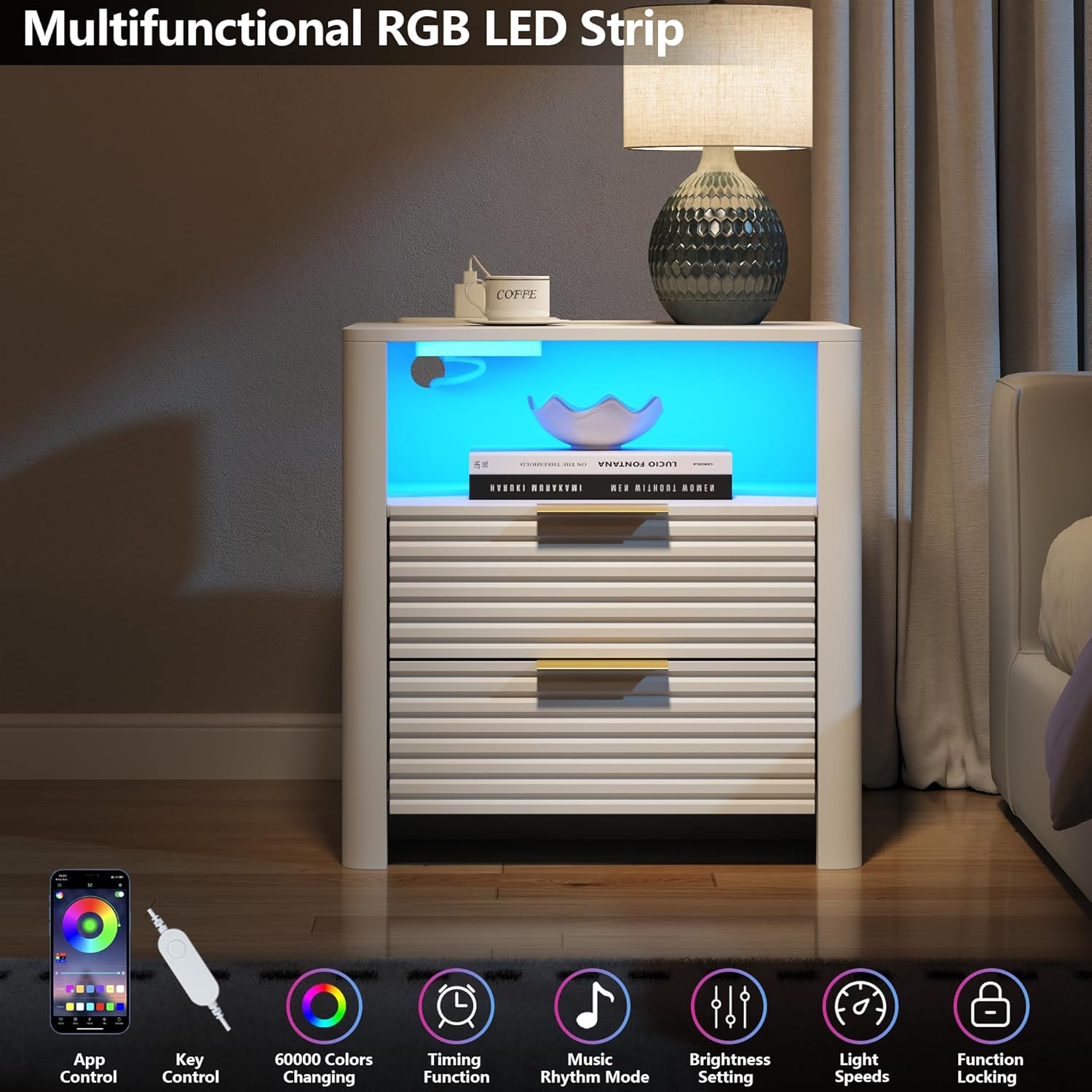 Fluted Night Stand with Charging Station, White Nightstand with LED Lights, Modern Bedside Table with 2 Large Drawers, End Table with Open Storage Shelf, Night Stands for Bedroom, Living Room