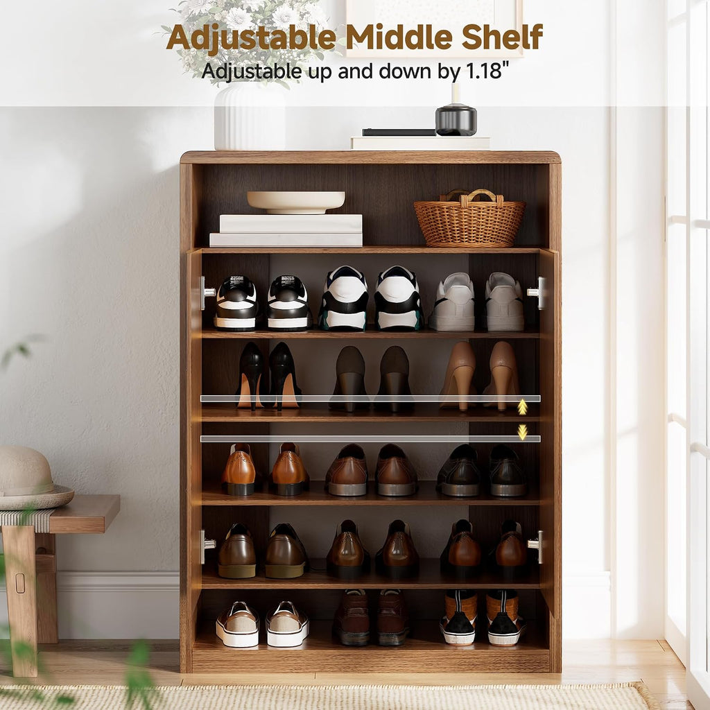 6-Tier Shoe Cabinet with 2 Doors, 47.2" Tall Walnut Shoe Storage Cabinet