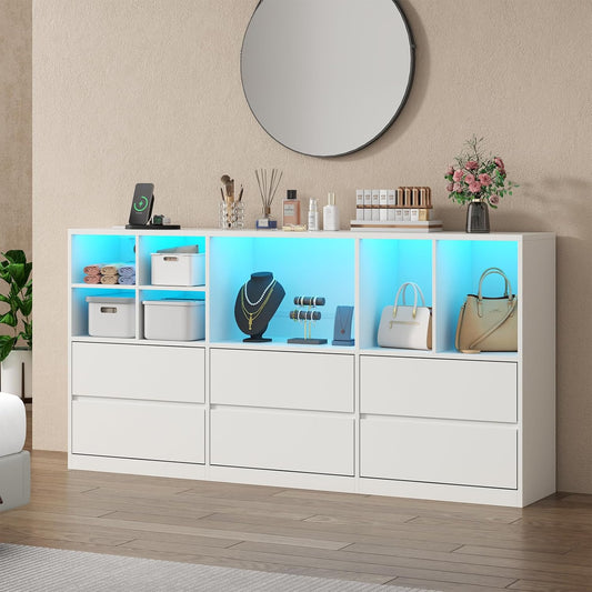 White Dresser for Bedroom with 6 Drawers, Chest of Drawers with Led Lights&Charging Station, 63" Long Dresser with 7 Open Cubbies, Storage Drawers for Living Room, Closet, Hallway (White)