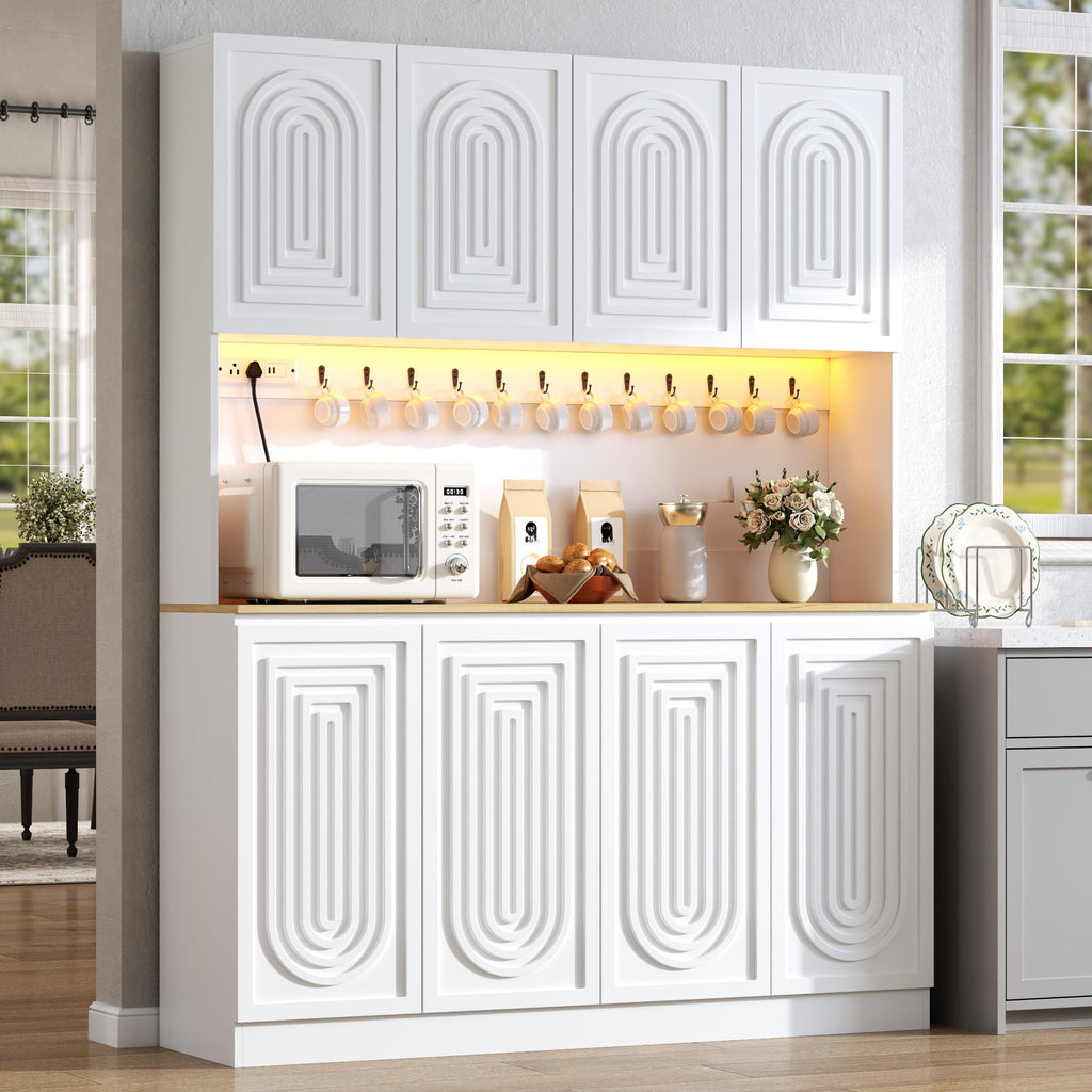 Gyfimoie 71" Kitchen Pantry with Power Outlet & LED Light, Large Kitchen Hutch Cabinet with Adjustable Shelf, Modern Buffet Cabinet with 6 Doors, Food Pantry Storage for Dining Room (White-6 Doors)