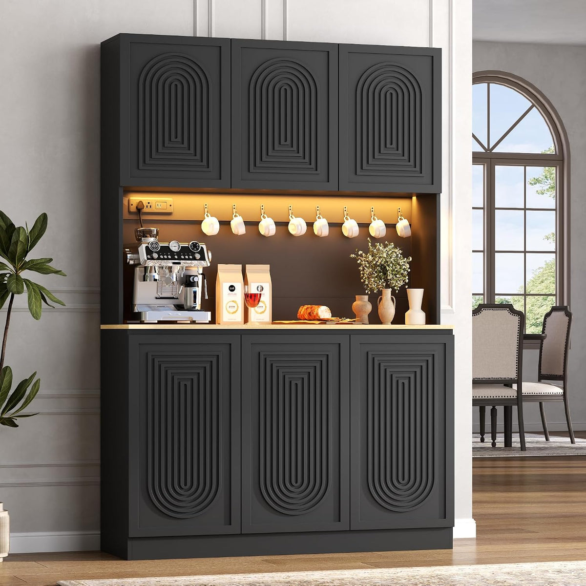 71" Black Kitchen Pantry with Power Outlet, Kitchen Hutch with LED Light