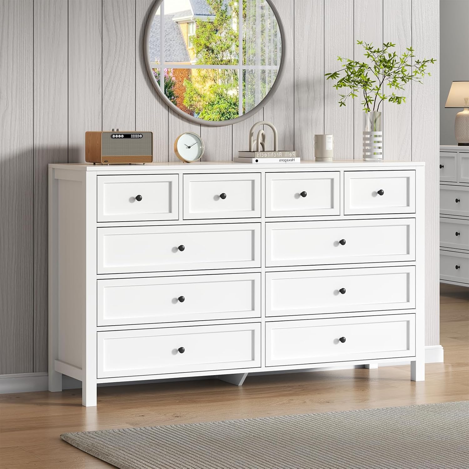 Farmhouse 10 Drawers Dresser for Bedroom, White Dresser Chest of Drawers, Wood Storage Dressers with Deep Drawers and Metal Handle, Wide Modern Dressers & TV Stand for Living Room, Closet, Hallway