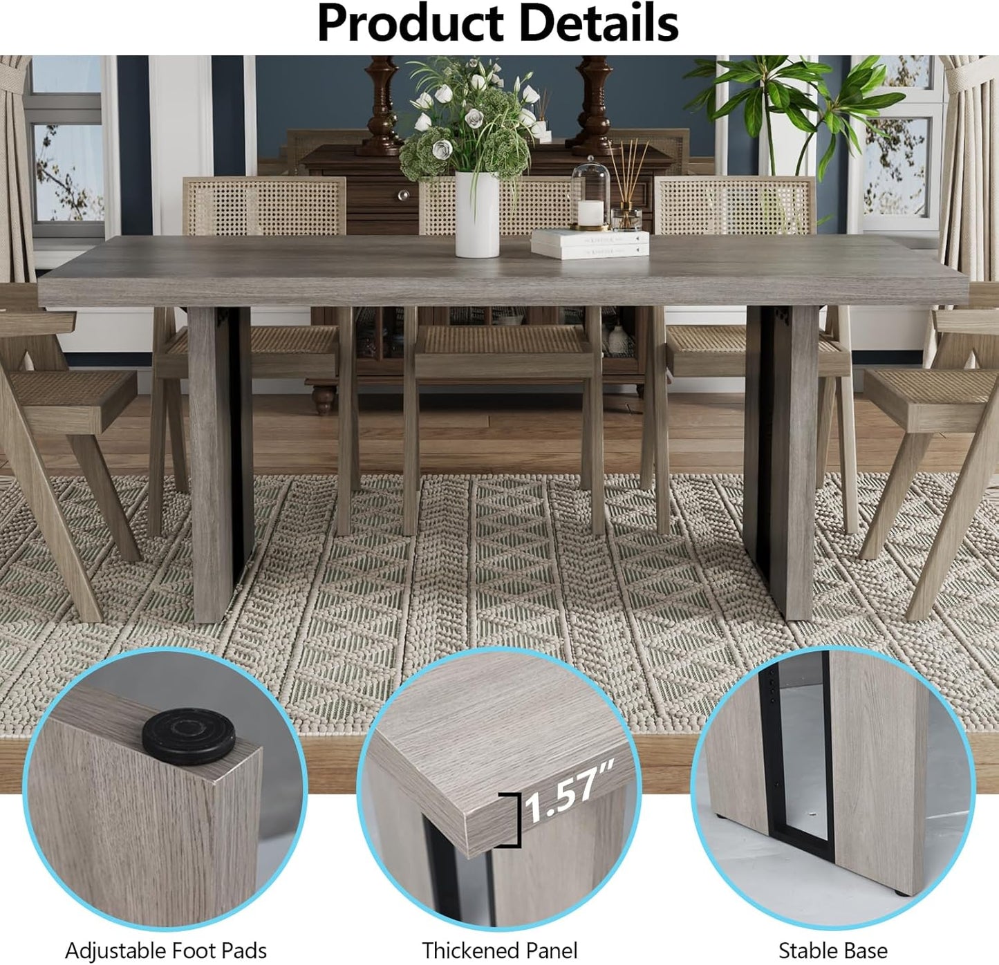 71" Large Dining Table, Rustic Farmhouse Dinner Table for 6 to 8 People, Rectangular Thick Kitchen Table with Heavy Duty Legs for Dining Room (Rustic Gray)