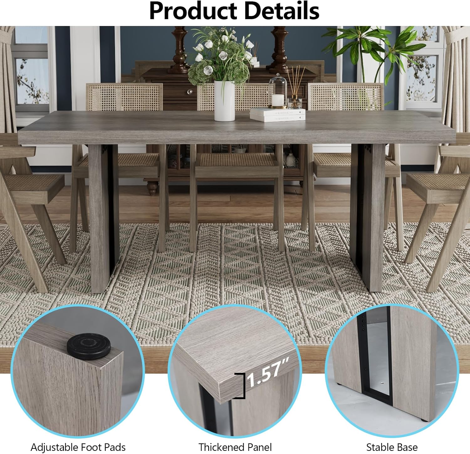 71" Large Dining Table, Rustic Farmhouse Dinner Table for 6 to 8 People, Rectangular Thick Kitchen Table with Heavy Duty Legs for Dining Room (Rustic Gray)