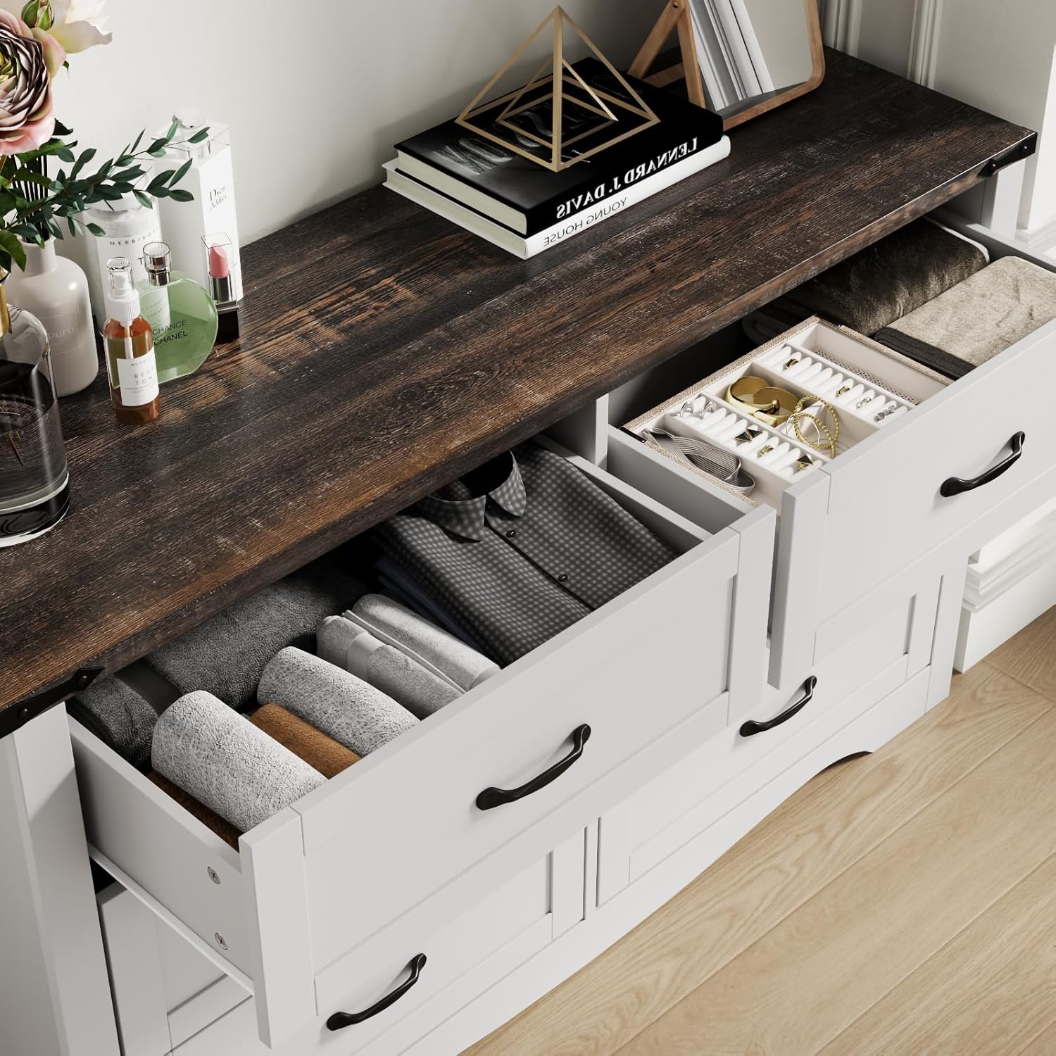 Farmhouse 6 Drawer Dresser for Bedroom, Wood Dresser Chest of Drawers, Wide Dressers Organizer with Metal Handles, Natural Texture Storage Cabinet for Closet, Living Room, Hallway (White)