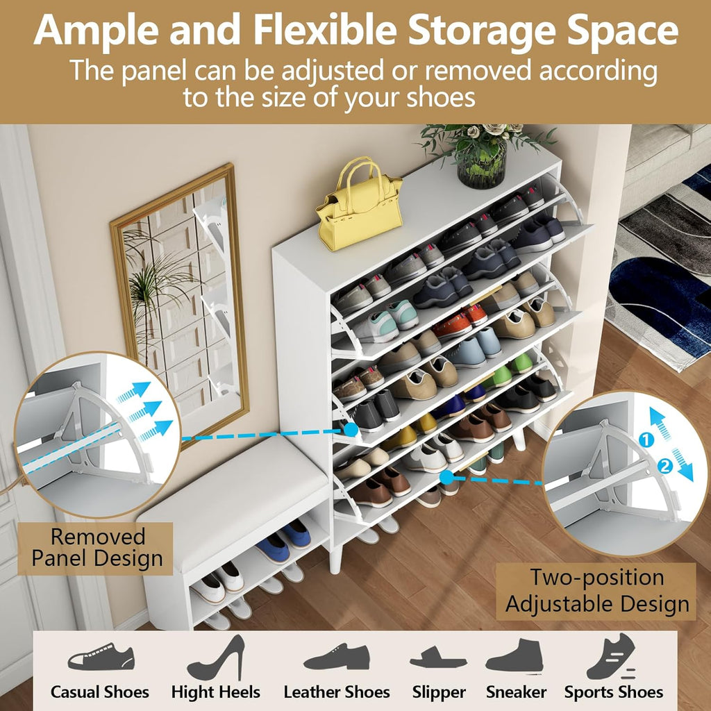 Shoe Storage Cabinet with 3 Flip Drawers, Shoe Cabinet with Bench & Open Shelf for Entryway, Freestanding Narrow Hidden Shoe Rack Organizer with Solid Wood Legs for Hallway (White)
