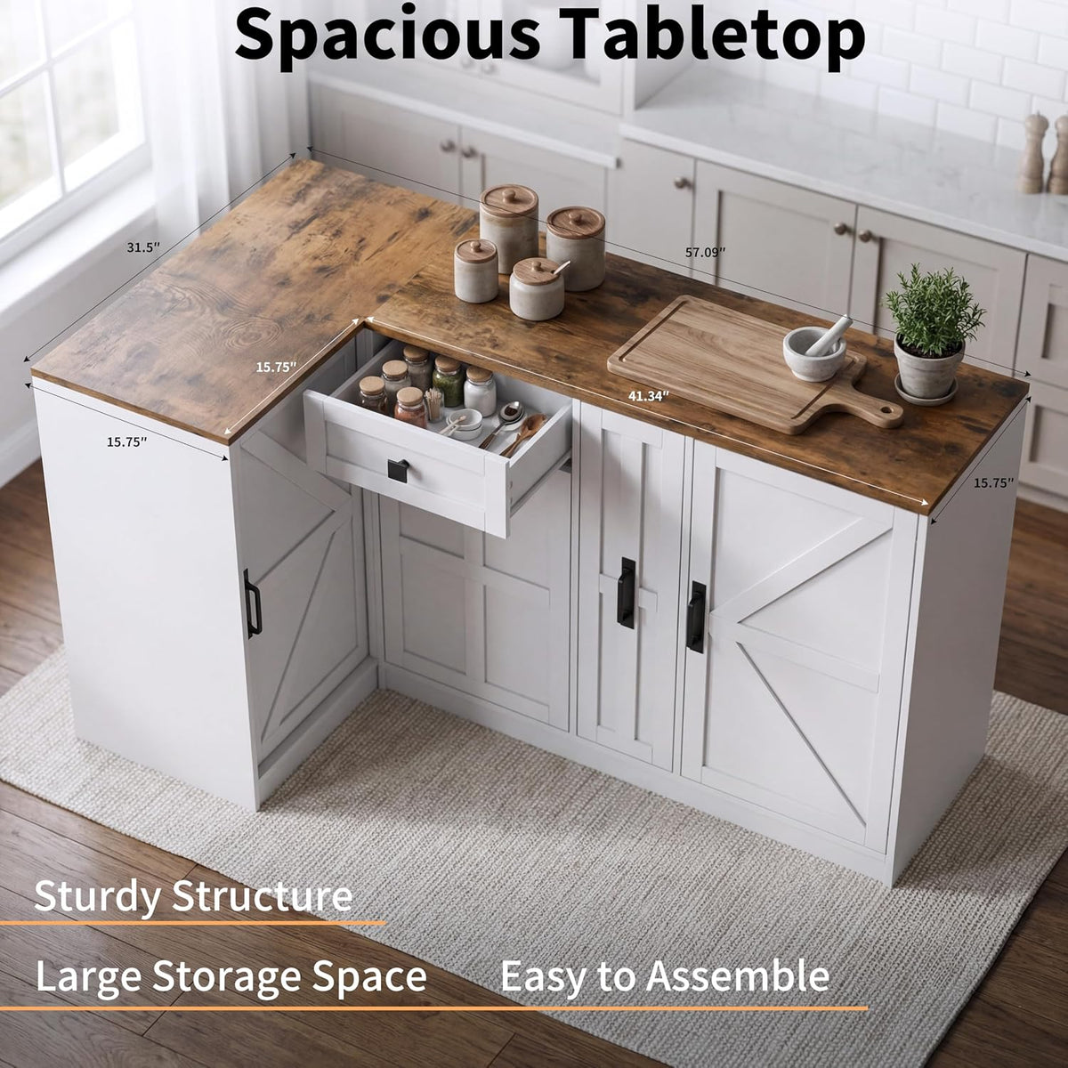Corner Cabinet with Countertop, Kitchen Pantry Cabinet with Hidden Trash Storage Cabinet & 3-Tier Spice Rack, Farmhouse L-Shaped Sideboard with Doors & Adjustable Shelf for Dining Room, White