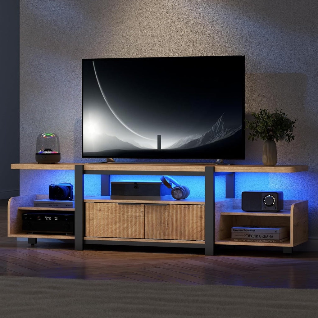 TV Stand with LED Lights and Storage cabinet for TVs up to 55"/65'', Modern Entertainment Center with Open Shelf, TV Cabinet, Media Console Table with Fluted Doors for Living Room, Bedroom, Oak
