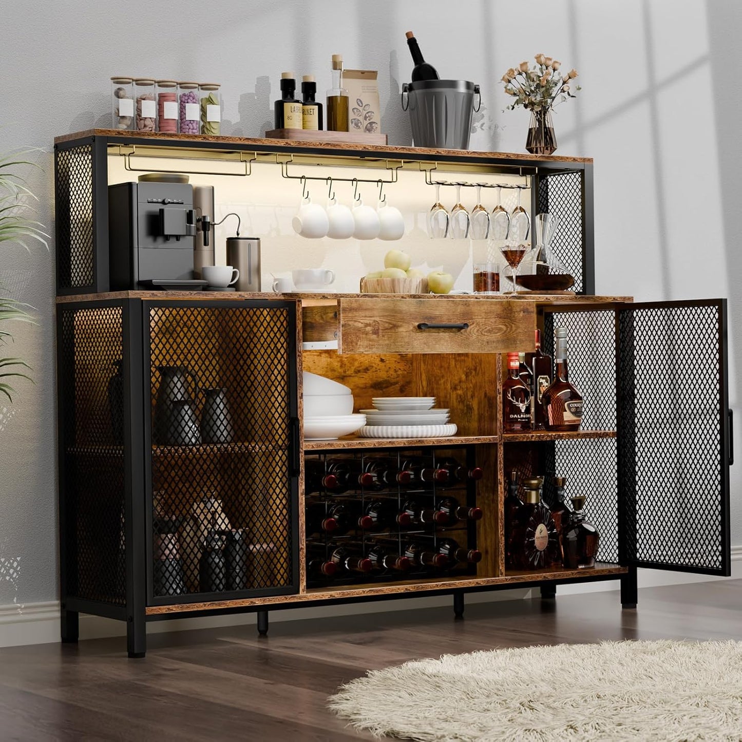 Wine Cabinet with Drawer, LED 55 Inches Industry Coffee Bar Cabinet with Wine Rack and Glass Goblet Holder, Kitchen Sideboard Buffet Cabinet for Liquor and Goblet (Rustic)