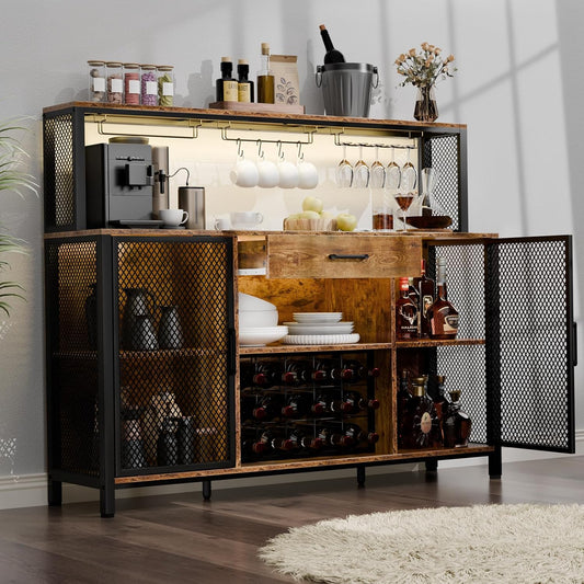 Wine Cabinet with Drawer, LED 55 Inches Industry Coffee Bar Cabinet with Wine Rack and Glass Goblet Holder, Kitchen Sideboard Buffet Cabinet for Liquor and Goblet (Rustic)
