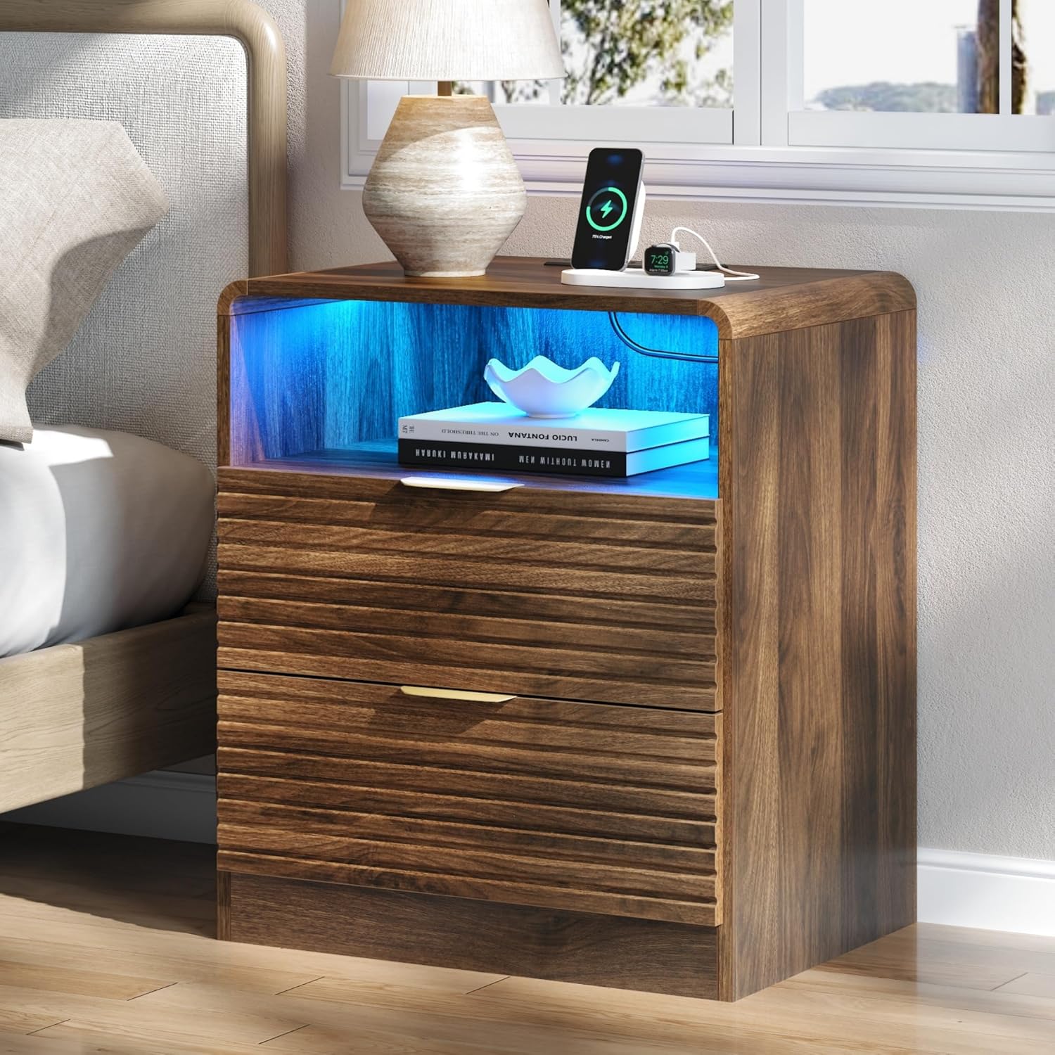 Fluted Nightstand with Charging Station & LED Lights, 2-Drawer White Bedside Table with Open Shelf