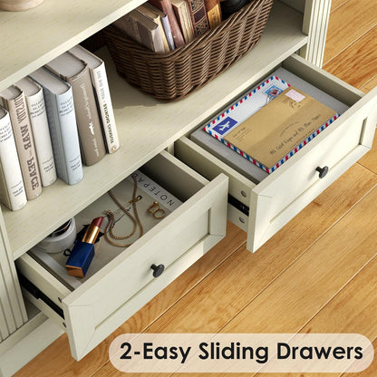 71’’ Tall Arched Bookcase with Stroage, Farmhouse 5-Tier Arch Bookshelf with Drawers, Freestanding Book Shelf with Adjustable Shelf and Roman Column Pattern for Home Office (1, White)