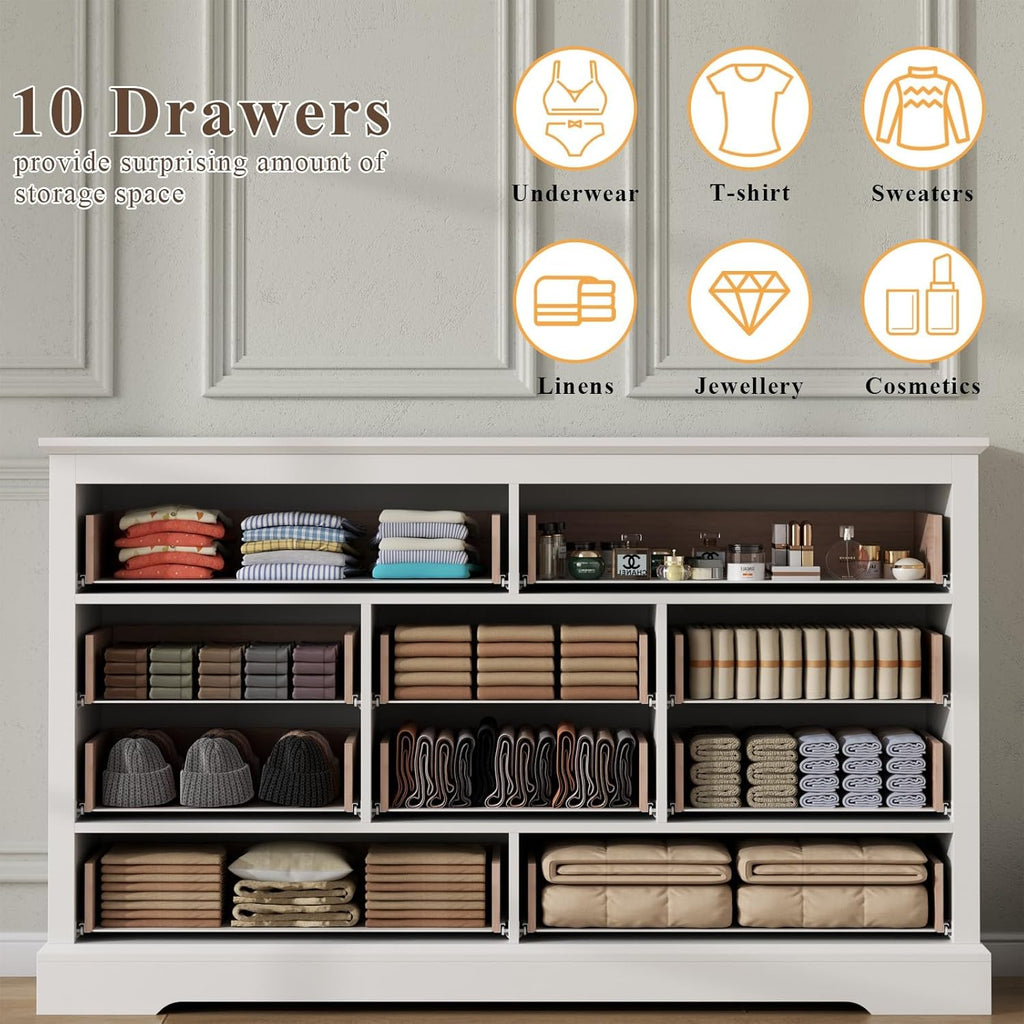 Farmhouse 10 Drawer Dresser, 52 Inch White Chest of Drawer Dresser for Bed Room with Vintage Handle, Storage Dressers Organizer for Bedroom, Living Room and Hallway